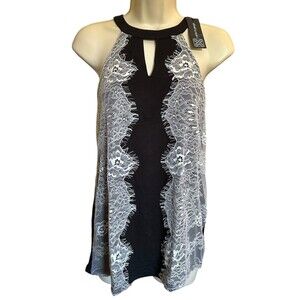Cable & Gauge Women's Sleeveless Blouse Soft Viscose Size L Black w/ White Lace